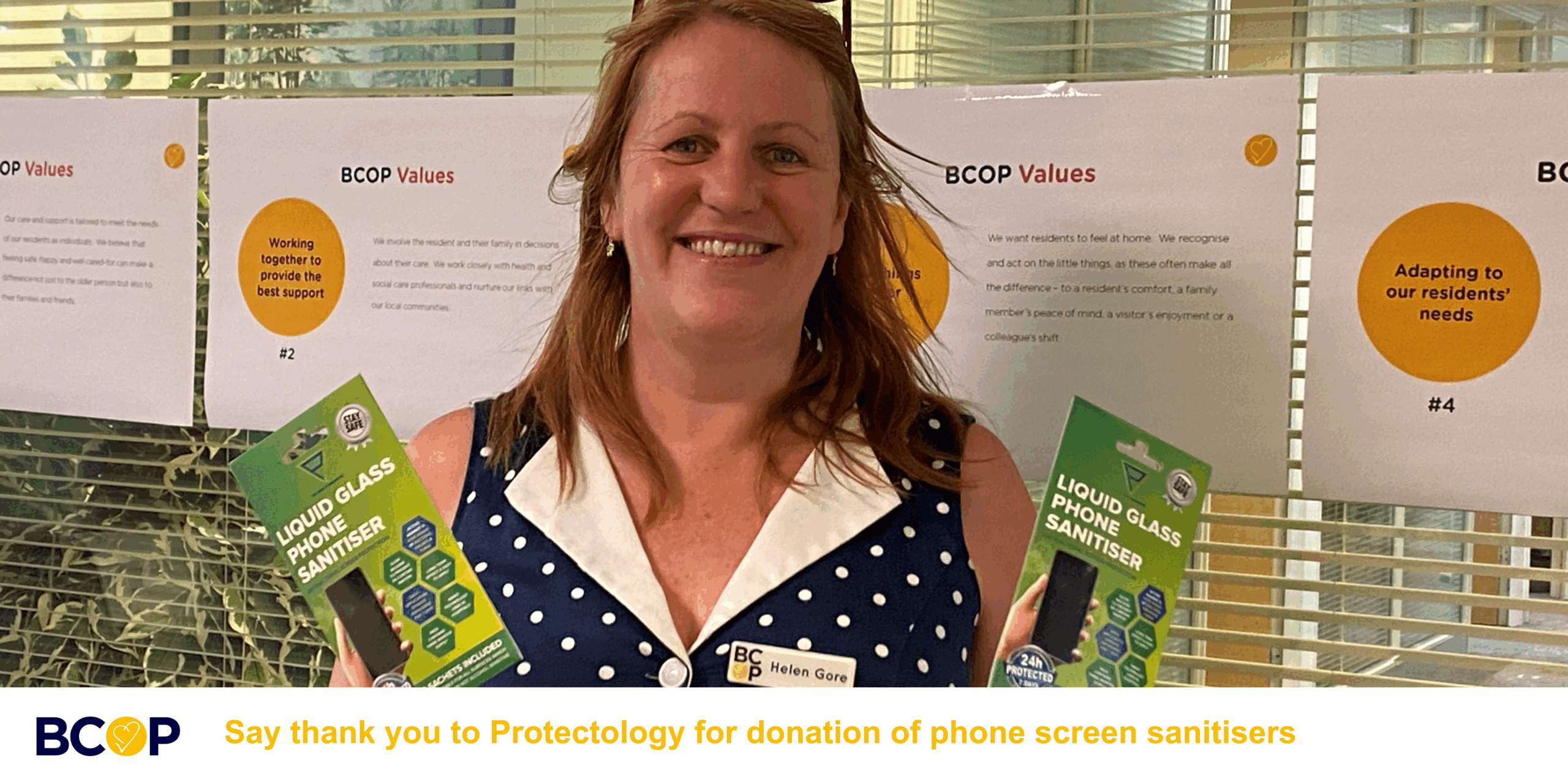 Helen Gore, CEO at BCOP pictured with the Liquid Glass phone sanitisers donated by Protectology
