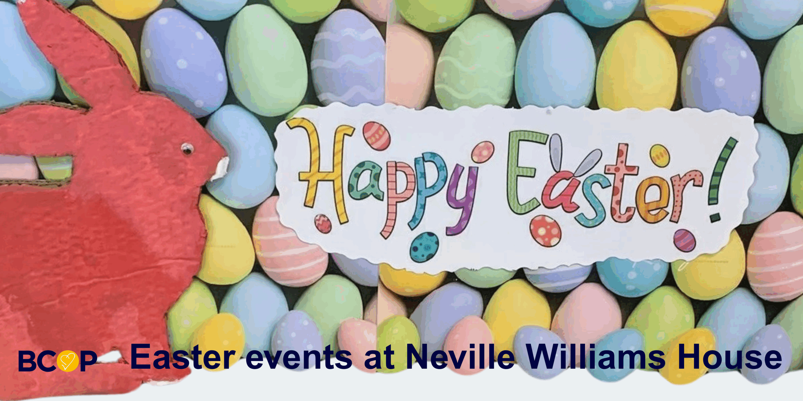 Banner showing an Easter bunny and Easter eggs