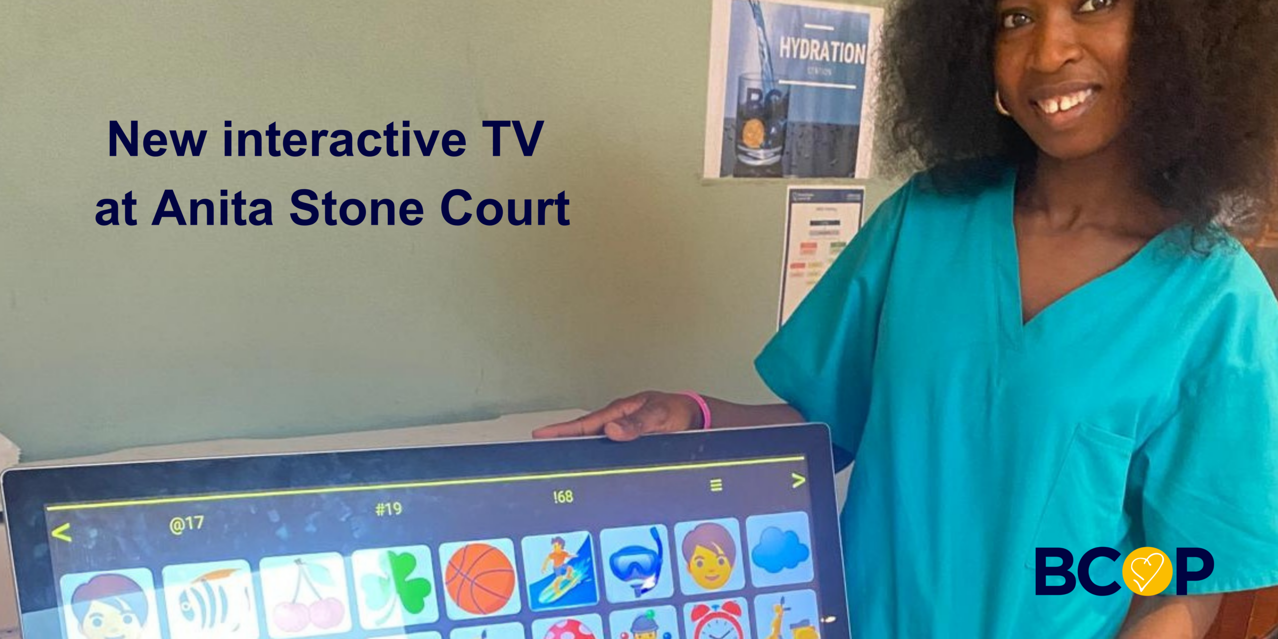 Tomi with the new interactive TV at Anita Stone Court