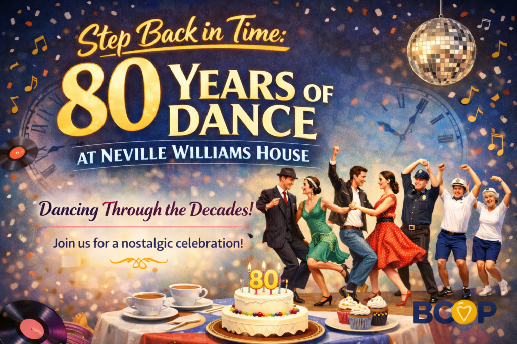BCOP 80th anniversary celebration at Neville Williams House featuring dancing through the decades and afternoon tea.