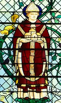 Stained glass picture of St Oswold, Bishop of Worcester