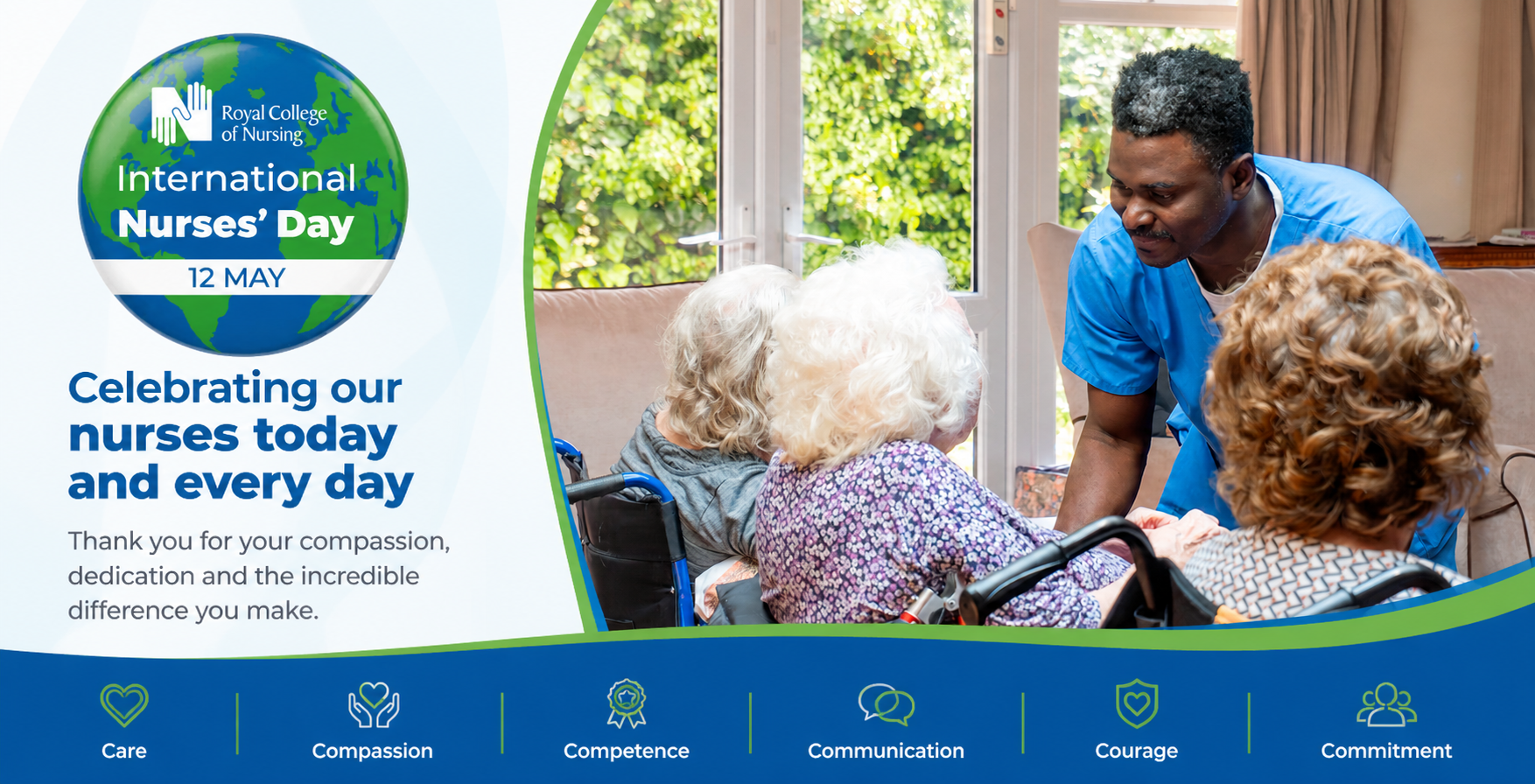 Image of a carer and residents at Anita Stone Court together with the 6 c's of nursing